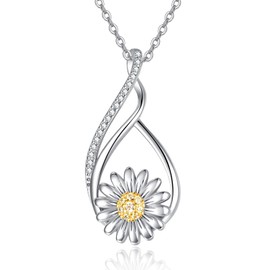 Dreamboat Daisy Pendant Necklace for Women 925 Sterling Silver Teardrop Flower Jewelry Gifts for Daisies Lovers, 1.1 Inches, Sterling Silver, Cubic Zirconia