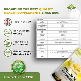 Cod Liver Oil Capsules High Strength 1000mg | 360 Fish Oil Capsules UK Made - 1 Year Supply | Rich Source of Omega 3 Essential Fatty Acids | High EPA DHA | Gluten Free - Made in The UK for Hellenia