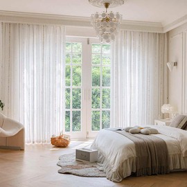 SUOUO Colorful Embroidered Striped Boho White Sheer Curtains for Living Room 96 inches Long 2 Panels Rod Pocket Light Filtering Window Drapes for Bedroom Dining