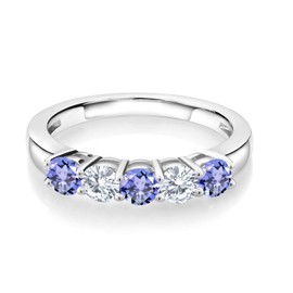Gem Stone King 925 Sterling Silver Blue Tanzanite and White Moissanite Wedding Band Ring For Women (0.86 Cttw, Round 3.5MM, Gemstone December Birthstone, Available In Size 5, 6, 7, 8, 9)