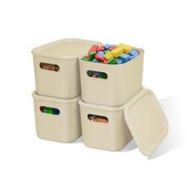 Soddeph 4 Pack Plastic Storage Bins with Lids, Stackable Storage Container Box for Organizing, Shelves,Home, Kitchen,Office, Closet, Playroom(Beige, 4 PACK)