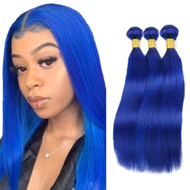 Pure Blue Human Hair Bundles Color Blue Straight Human Hair Bundles 16 18 20 inch 3 Bundles 8A Remy Hair Double Weft Healthy Ends Human Hair Weave