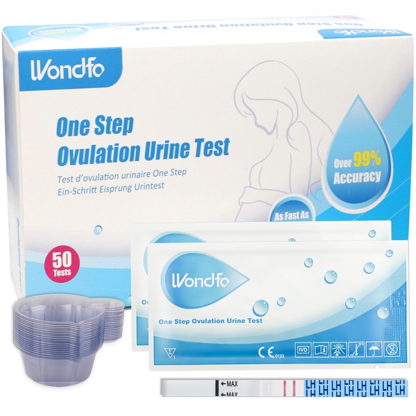 Wondfo Ovulation Test with Urine Cups 50 Pieces 25 mIU/ml Self Test LH Predictors for Home Ovulation Ovulation Test Strips with Optimal Sensitivity