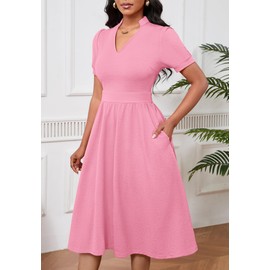 MarryUP Midi Dresses for Women 2024 Short Sleeve Wrap High Waist Flared Midi Dress Casual Semi-Formal Valentine's Day Wedding Guest Dresses Pink 3XL