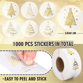 JarThenaAMCS 1000Pcs Clear Christmas Stickers Roll Gold Foil Xmas Tree Seal Stickers Self-Adhesive Label Decals for Holiday Envelope Invitations Cards Gift Decor, 6 Designs