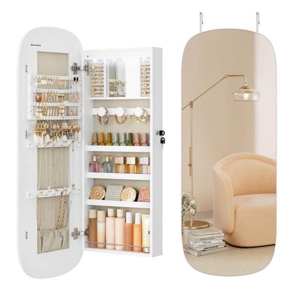 SONGMICS Jewelry Organizer, LED Jewelry Cabinet Wall/Door Mounted, Lockable Rounded Wide Mirror with Storage, Interior Mirror, White Surface with Greige Lining, Christmas Gifts, UJJC026W01