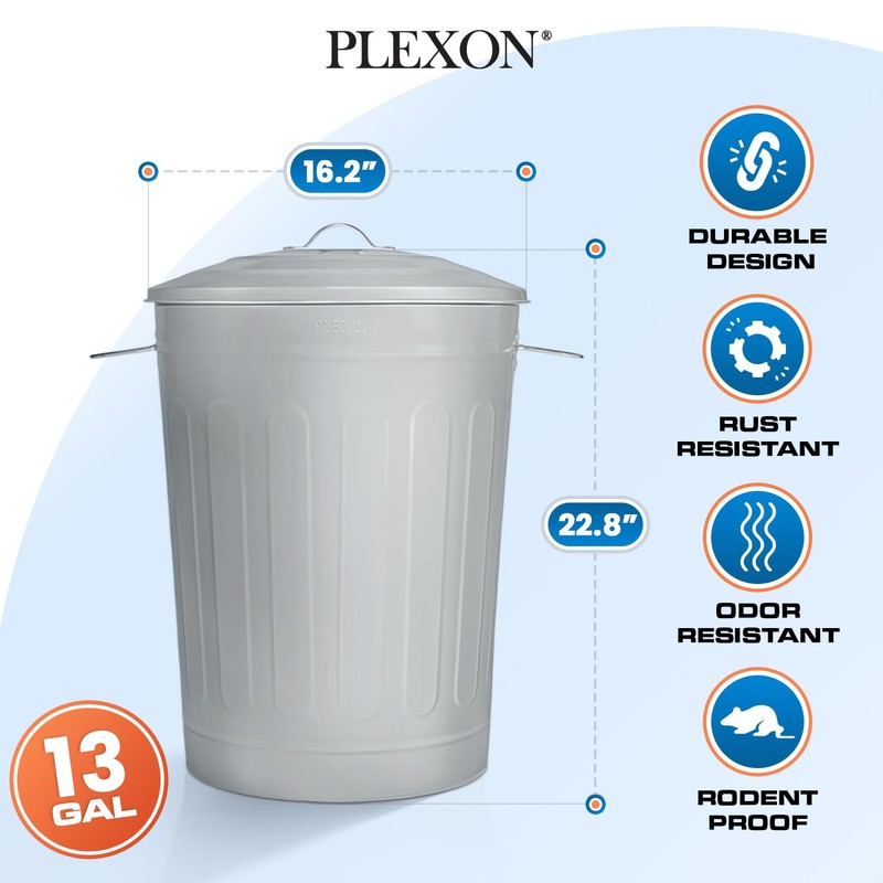 Plexon Round Trash Can 13 Gallon, Vintage Metal Outdoor Trash