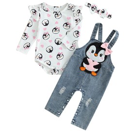 Mubineo Baby Girl Clothes Cute Cartoon Romper Overalls Outfits Long Sleeve Bodysuit Overall Pant Set Newborn Outfit (White Blue Penguin, 12-18 Months)