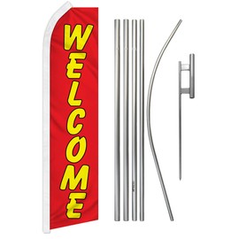 Infinity Republic - Welcome Red and Yellow Banner Swooper Flag & Pole Kit - Perfect for Businesses, Shops, Restaurants, Stores, etc!