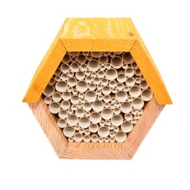 Esschert Design Hexagonal Bee House, Pine Wood, 14.8 x 14.6 x 12.8 cm, Honeycomb Box, Honeycomb Made of Paper Rolls, Zinc Roof, Weather-Resistant