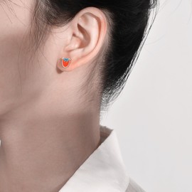 Strawberry Fruit Small Stud Earrings Stainless Steel Funny Cute Enamel Red Summer Fruits Tiny Sleeper Flat Back Earrings for Women Birthday Christmas Party Beach Holiday Fashion Jewelry Gifts (Silver)