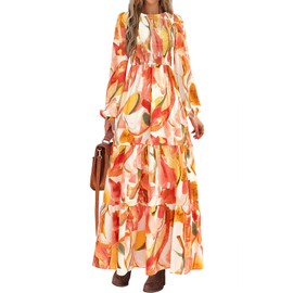 PRETTYGARDEN Womens Dresses 2025 Puff Sleeve Floral Casual Summer Dresses Smocked Backless Beach Flowy Tiered Maxi Dress (White Orange Pink Flower, Medium)