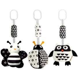 AIPINQI 3 Pack Hanging Rattle Toys,High Contrast Baby Toys and Plush Stroller Toys for Babies 0-18 Months,Newborn Car Seat Toys with Black and White Cartoon Shapes,(Ladybug,Bee & Owl)