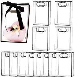 TUICARE 12 Pcs Clear PVC Gift Bags with Die Cut Handles Reusable Transparent Plastic Gift Bags With Ribbon for Wedding Bridal Christmas Birthday Party Valentines Shopping Business (Black)