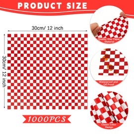 DeziWood 1000 Pcs Deli Paper Sheets 12x12", Premium Food Basket Liners, Grease Resistant Wax Paper Sheets for Food, Classic Checkered Sandwich Wrapping Paper for Party, Festival and Outdoors