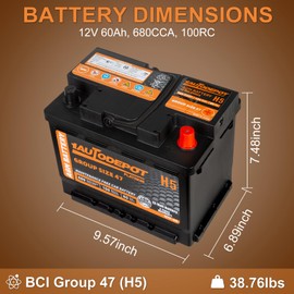 1AUTODEPOT BCI Group Size 47 AGM Car Battery, H5 Start and Stop Automotive Battery 12V 60Ah, 100RC, 680CCA
