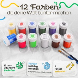 CreaTek Textile Paint, Machine Washable, 12 Intense Colours, 25 ml Each + 2 Brushes, Real Fabric Paints, Washable up to 40 °C, Fabric Paints for T-Shirts, Jeans, Shoes, Bags and Much More - Fabric