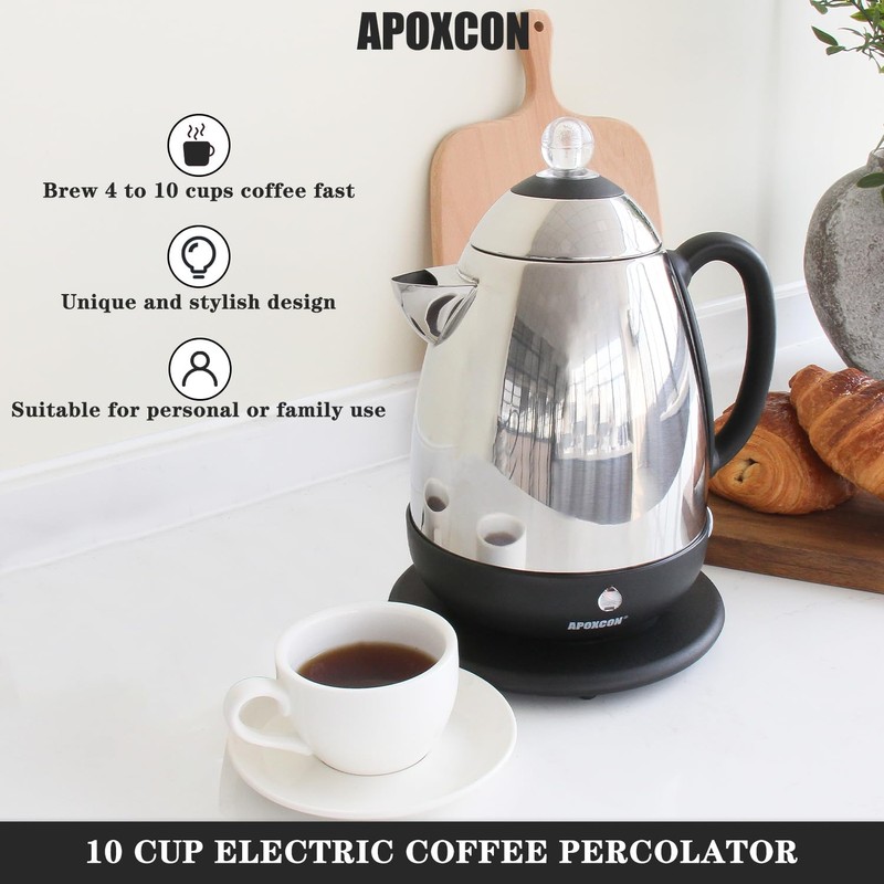 APOXCON Electric Coffee Percolator Stainless Steel Coffee Maker with Clear