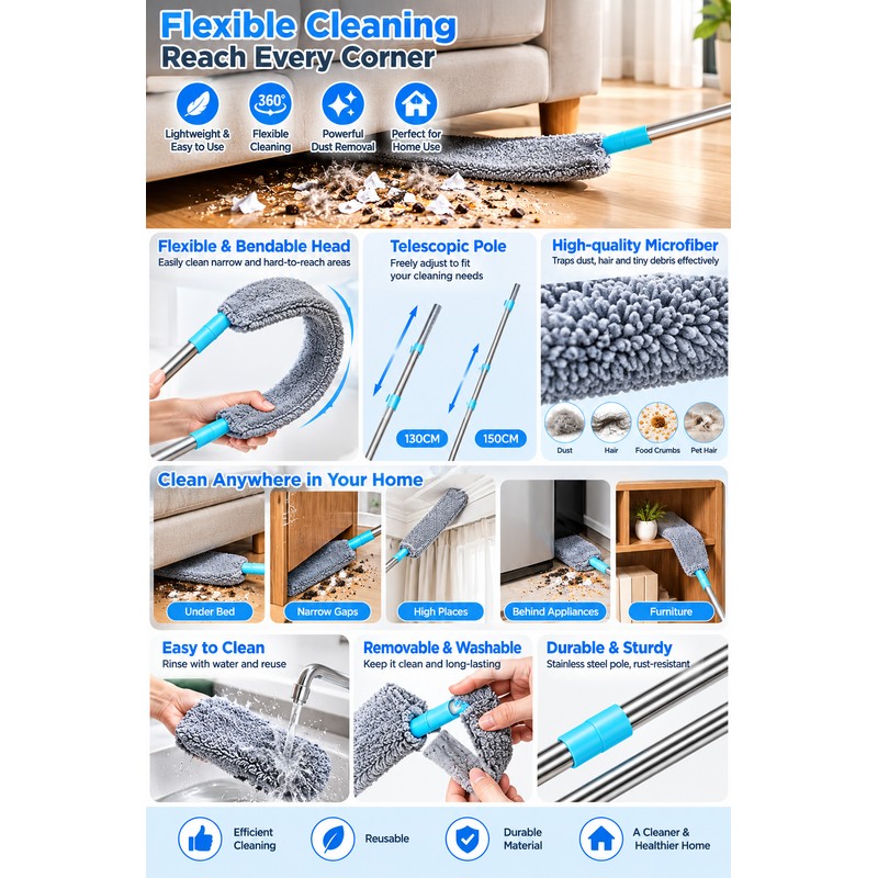 Extendable Under-Bed Duster for Hard-to-Reach Cleaning – Washable Soft Bristle