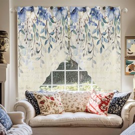 Blue Eucalyptus Leaves Swag Valances for Windows, Farmhouse Floral Rod Pocket Kitchen Curtains Valance, Retro Botanical Small Window Curtains Swag for Cafe Bathroom Living Room, 2 Panels, 28x36 inch