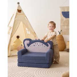 Blissful Diary Kids Couch, 2-in-1 Soft Toddler Couch Fold Out, Toddler Chair Comfy, Convertible Sofa to Lounger with Cute Dinosaur Designs, Blue