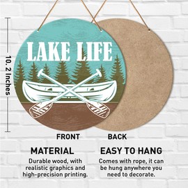 Muktoujaumai Lake House Wall Decor, Summer Lake Home Round Hanging Sign Decor Lake Life Wall Decorations Rustic Wood Sign for Front Door, Porch, Living Room, Housewarming Gift for Lake House