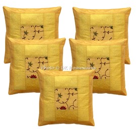 DK Homewares Polydupion Ethnic Gold Living Room Throw Pillow Covers 16 x 16 Embroidered Brocade Patchwork Floral Square Decorative Cushion Covers 40 x 40 cm Home Decor Set of 5
