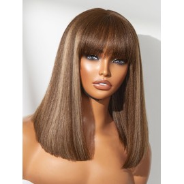 LUVME HAIR 14Inch Ash Blonde Highlights Yaki Blunt Cut Bob Wig with Bangs Glueless Minimalist Lace Short Wig Breathable Cap