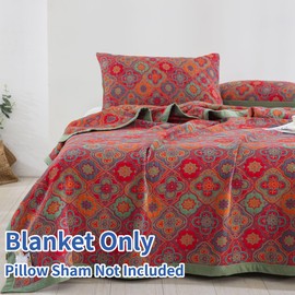 Purefair 100% Cotton Muslin Blanket Jacquard Rustic Red Vintage Floral Paisley Quilt, Soft Bed Cover 3 Layers Lightweight Gauzy Reversible Bedspread Coverlet, Full/Queen(78"x94"), No Pillow Sham