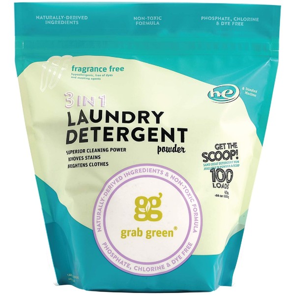 Grab Green 3-in-1 Laundry Detergent Powder, 4lbs -100 Loads, Fragrance Free, Plant and Mineral Based, Superior Cleaning Power, Stain Remover, Brightens Clothes