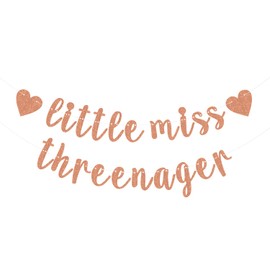 Rose Gold Glitter Little Miss Threenager Banner - Happy 3rd Birthday Banner - Cheers to 3 Years, Girls 3rd Birthday Party Decoration Supplies