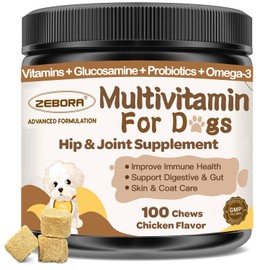 ZEBORA Dog Multivitamin with Minerals for Overall Health - Dog Vitamins and Supplements with Glucosamine, Probiotics for Puppy & Senior Dogs with Minerals - Omega 3 Fish Oil for Skin & Coat - 100 Chews