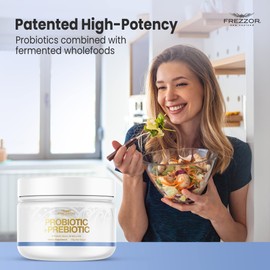 FREZZOR Probiotic + Prebiotic Powder, Once Daily 60 Billion CFUs, Digestive Health for Men and Women, 18 Strains, Shelf Stable, with Fermented Wholefoods, Prebiotic & Fibre, 4Pk, 600g, 4 Month Supply