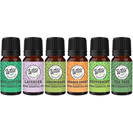 Wild Essentials Top 6 Piece Single Note Essential Oil Set -100% Pure Therapeutic Grade Aromatherapy Kit with Lavender, Eucalyptus, Tea Tree, Orange, Lemongrass, Peppermint - 10ml, Made in The USA