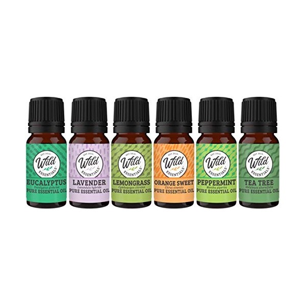 Wild Essentials Top 6 Piece Single Note Essential Oil Set -100% Pure Therapeutic Grade Aromatherapy Kit with Lavender, Eucalyptus, Tea Tree, Orange, Lemongrass, Peppermint - 10ml, Made in The USA