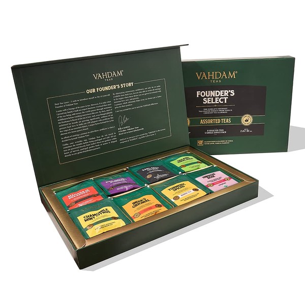 VAHDAM, Assorted Tea Bag Sampler - 8 Tea Flavors, 40 Tea Bags Gift Sets | Natural Ingredients- Black Tea, Green Tea, Oolong Tea, Chai Tea, Herbal Tea | Tea Bags Variety Pack