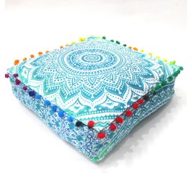 CRAFT KALA Green Ombre Large Hippie Mandala Meditation Floor Ottoman Pillow Cushion Pouf Cover Square Poufs Bohemian Circle Floor Cushion Case Outdoor Fireplace Yoga Living Room Decor Cover 16" Square