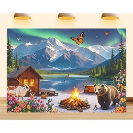 7X5ft Polar Animals Arctic Adventure Northern Lights Backdrop Aurora Snow Mountain Campfire Camping Background Wilderness Exploration Party Decorations Photo Banner Booth