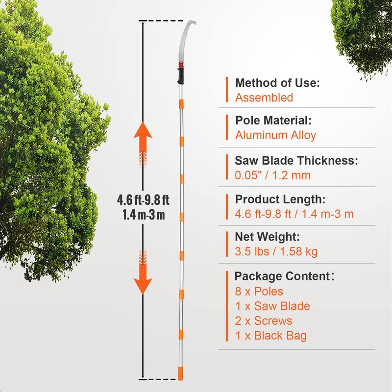 VEVOR Manual Pole Saw,4.6-9.8 ft Extendable Tree Pruner, Sharp Steel