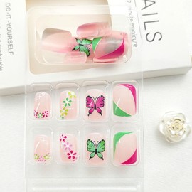 Square Press on Nails Short Acrylic Nails Red and Green French Tip Fake Nails Butterfly Flower Stars Glue on Nails Pink Full Cover Stick on Nails Glossy Artificial False Nails for Girls 24Pcs