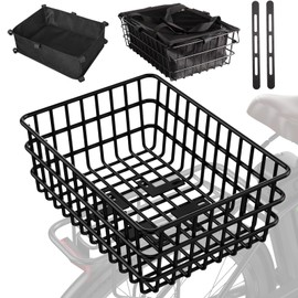 Bike Rear Basket,Rear Rack Bike Basket with All-in-One Waterproof Liner and Cargo Net,Heavy Removable Solid Metal Bicycle Basket for Most Bikes and E-Bike