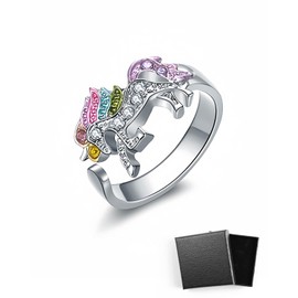 HSIXHAF 1 x Rainbow Unicorn Ring with Rhinestone Adjustable Opening Cartoon Unicorn Girl Ring, Gift for Daughter, Granddaughter, Child of a Girlfriend, Stainless Steel
