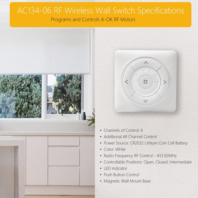 AC134-06 RF Wireless Wall Remote Control - 6 Channel Replacement