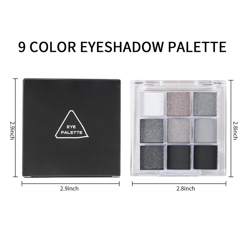 Erinde Black Smokey Gray Silver Eyeshadow Palette, 9 Colors Matte