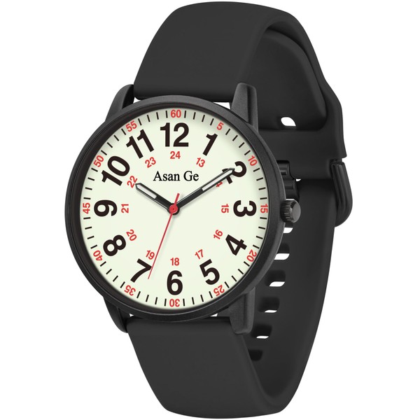 Asan Ge Waterproof Nurse Watch for Nurse,Medical Professionals,Students,Doctors,Women Men - Nursing Watch Military Time Luminouse Easy to Read Dial 24 Hour with Second Hand(Black White)
