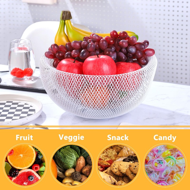 IBWell White Metal Mesh Double-layer Fruit Basket, Large Round Storage