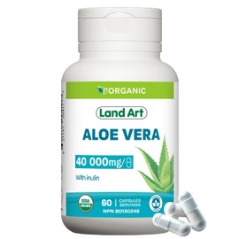 Pure & Certified Organic Land Art Aloe Vera Capsules – Concentrated Formula - 40,000MG per Serving – 60 Count– Fresh Inner Leaves Gel With Inulin as Prebiotics – Gut Health - Made in Canada