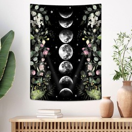 Moon Phase Tapestry with Green Plants and Aesthetic Flowers, Green Eucalyptus Fantasy Wall Hanging Aesthetic Botanical Floral Wall Art Small Boho Hippie Mandala Tapestry for Room Decor 40X60 Inches