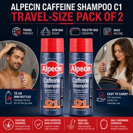 Caffeine Shampoo C1 for Men, Pack of 2 x 15ml Travel Size Mini Bottles, Hair Energizer Shampoo for Daily Hair and Scalp Cleansing, Holiday, Gym and Overnight Bags