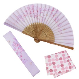 Osaka Choseido Folding Fan, Women's, Stylish, Business, Fan Bag, Handkerchief Included, Spring Flower, Pink